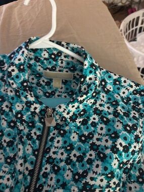 Michael Kors Teal Black and White Floral Blouse